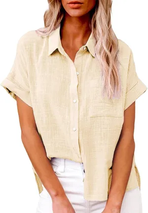 Linen Shirts for Women Summer Linen Button Long Sleeve T-Shirts Casual Loose Fit Fashion V Neck Blouses