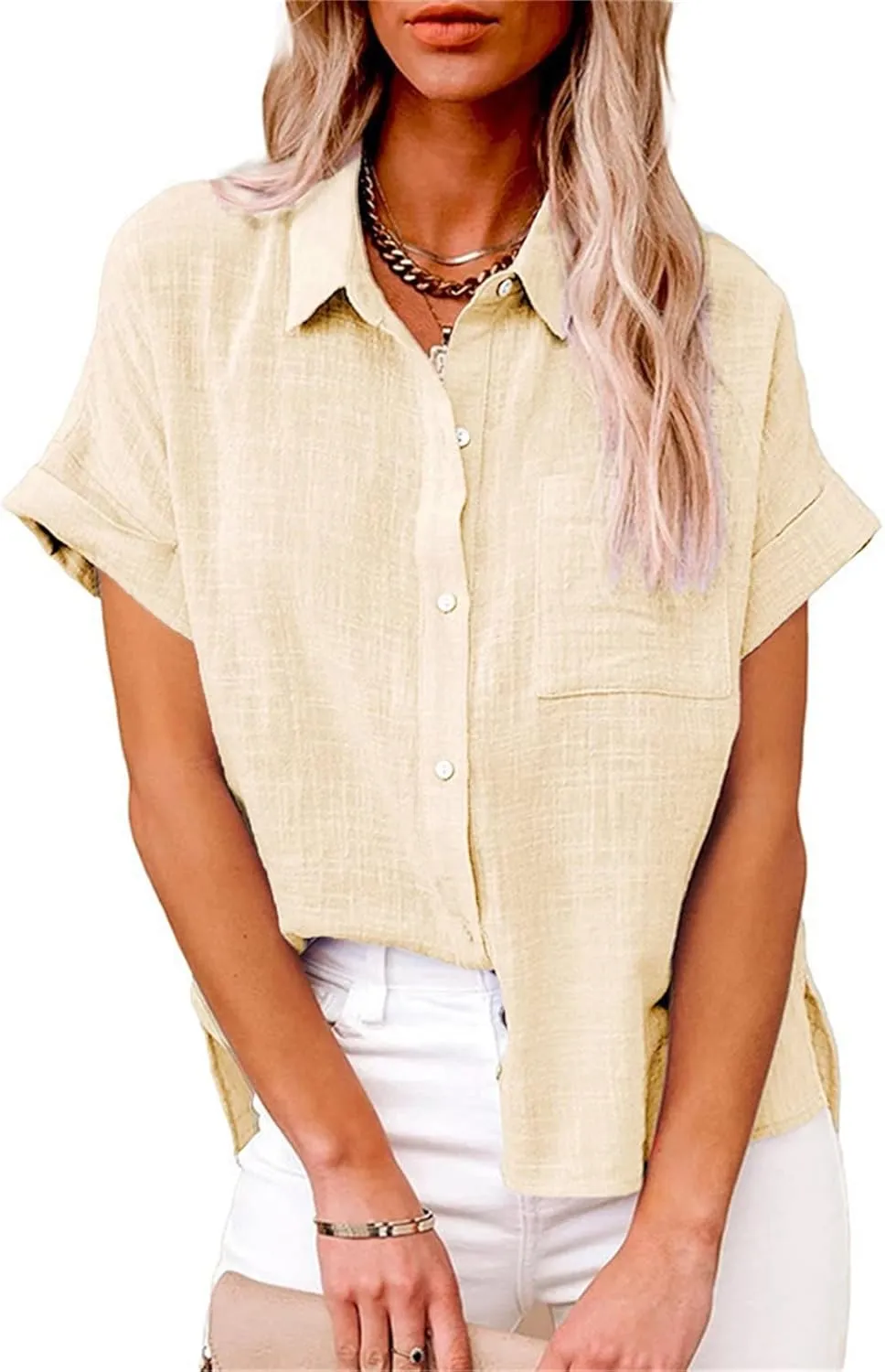 Linen Shirts for Women Summer Linen Button Long Sleeve T-Shirts Casual Loose Fit Fashion V Neck Blouses