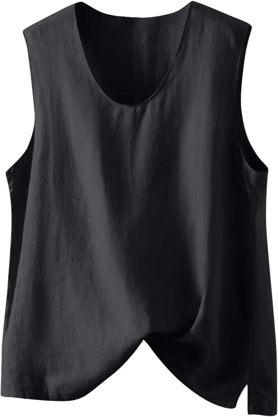 Linen Tank Women Loose Sleeveless V Neck Vacation Solid Color Tunic Tanks Casual Summer Cotton Side Slits Camisole