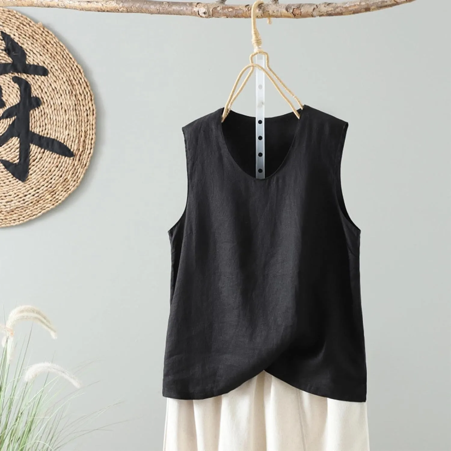 Linen Tank Women Loose Sleeveless V Neck Vacation Solid Color Tunic Tanks Casual Summer Cotton Side Slits Camisole