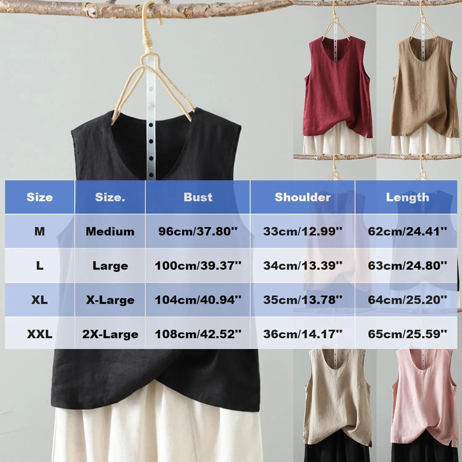 Linen Tank Women Loose Sleeveless V Neck Vacation Solid Color Tunic Tanks Casual Summer Cotton Side Slits Camisole
