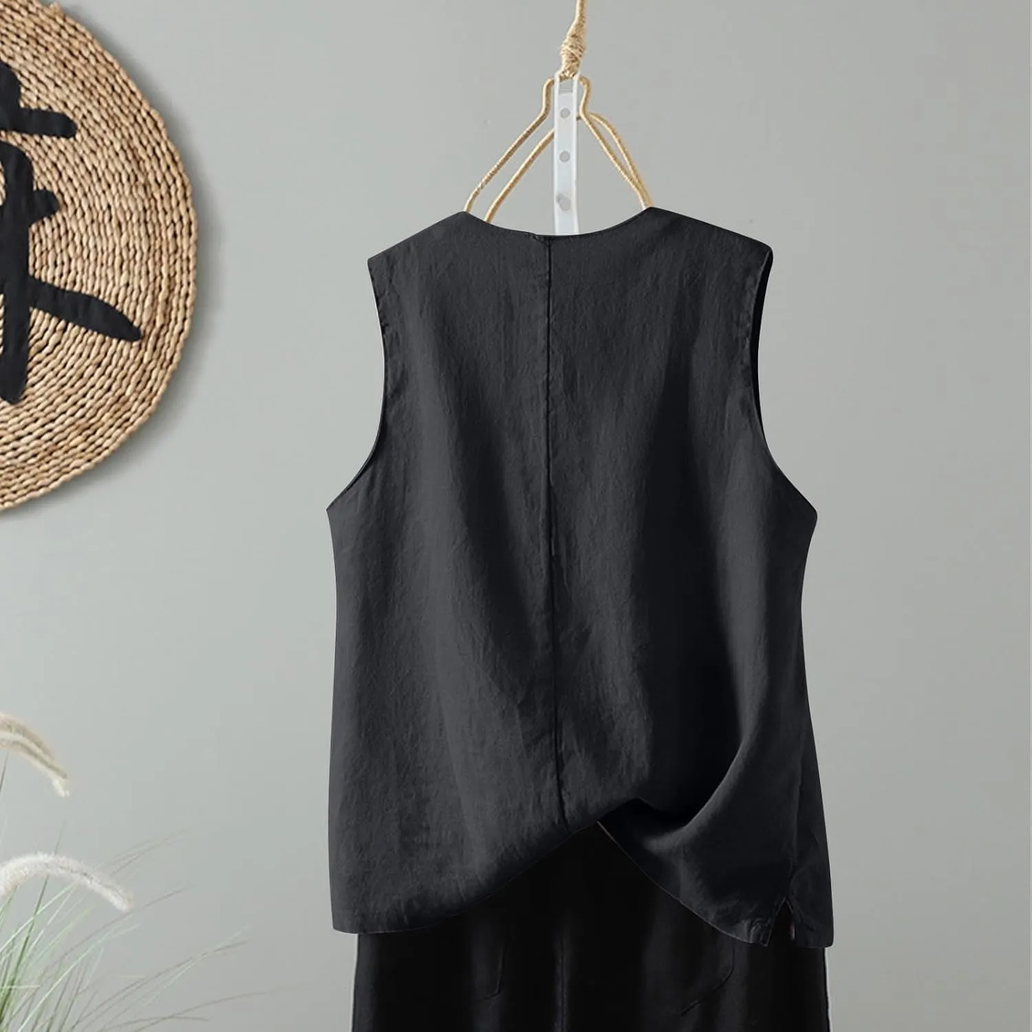 Linen Tank Women Loose Sleeveless V Neck Vacation Solid Color Tunic Tanks Casual Summer Cotton Side Slits Camisole