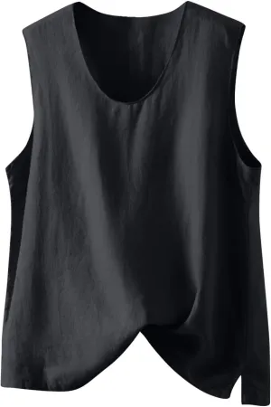 Linen Tank Women Loose Sleeveless V Neck Vacation Solid Color Tunic Tanks Casual Summer Cotton Side Slits Camisole