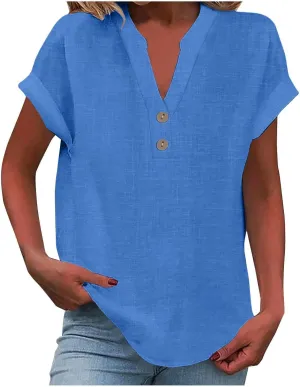 Linen Tops for Women Oversized Crew Neck Summer Short Sleeve Linen Tee Shirts Solid Casual Comfy Blouses Top