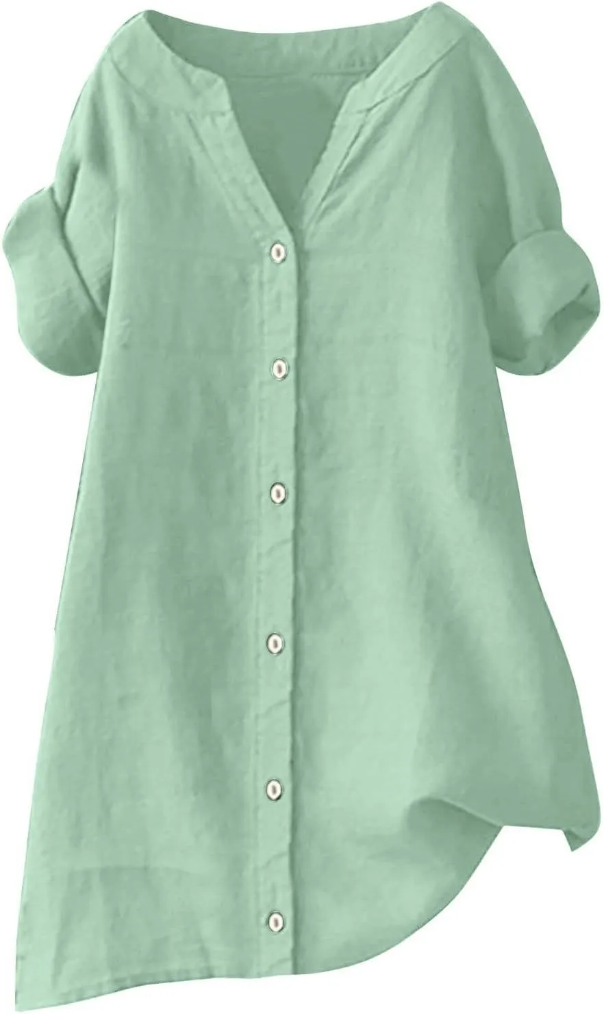 Linen Tops for Women Oversized Crewneck Summer Short Sleeve Linen Tee Shirts Buttons Casual Comfy Blouse Tops