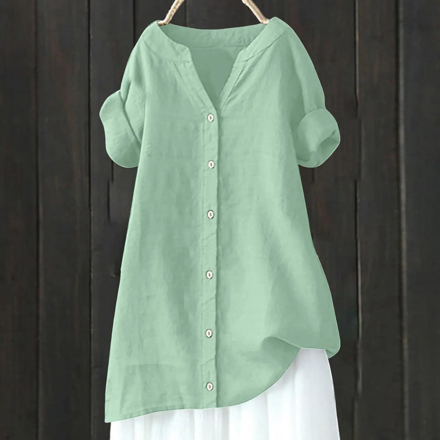 Linen Tops for Women Oversized Crewneck Summer Short Sleeve Linen Tee Shirts Buttons Casual Comfy Blouse Tops