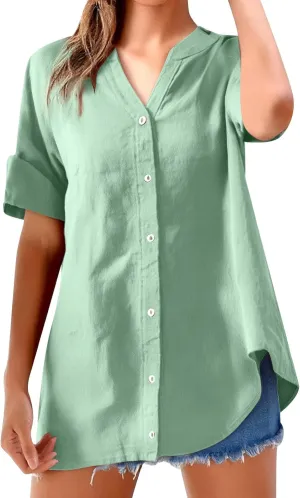 Linen Tops for Women Oversized Crewneck Summer Short Sleeve Linen Tee Shirts Buttons Casual Comfy Blouse Tops