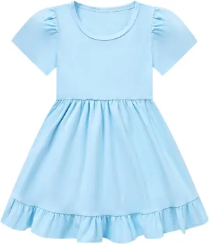 Little Girl Summer Dress Girls Puff Short Sleeve Ruffle Dress Solid Color A-Line Dresses 3-8 Years