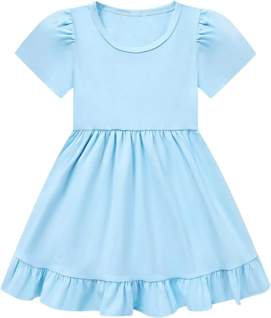 Little Girl Summer Dress Girls Puff Short Sleeve Ruffle Dress Solid Color A-Line Dresses 3-8 Years