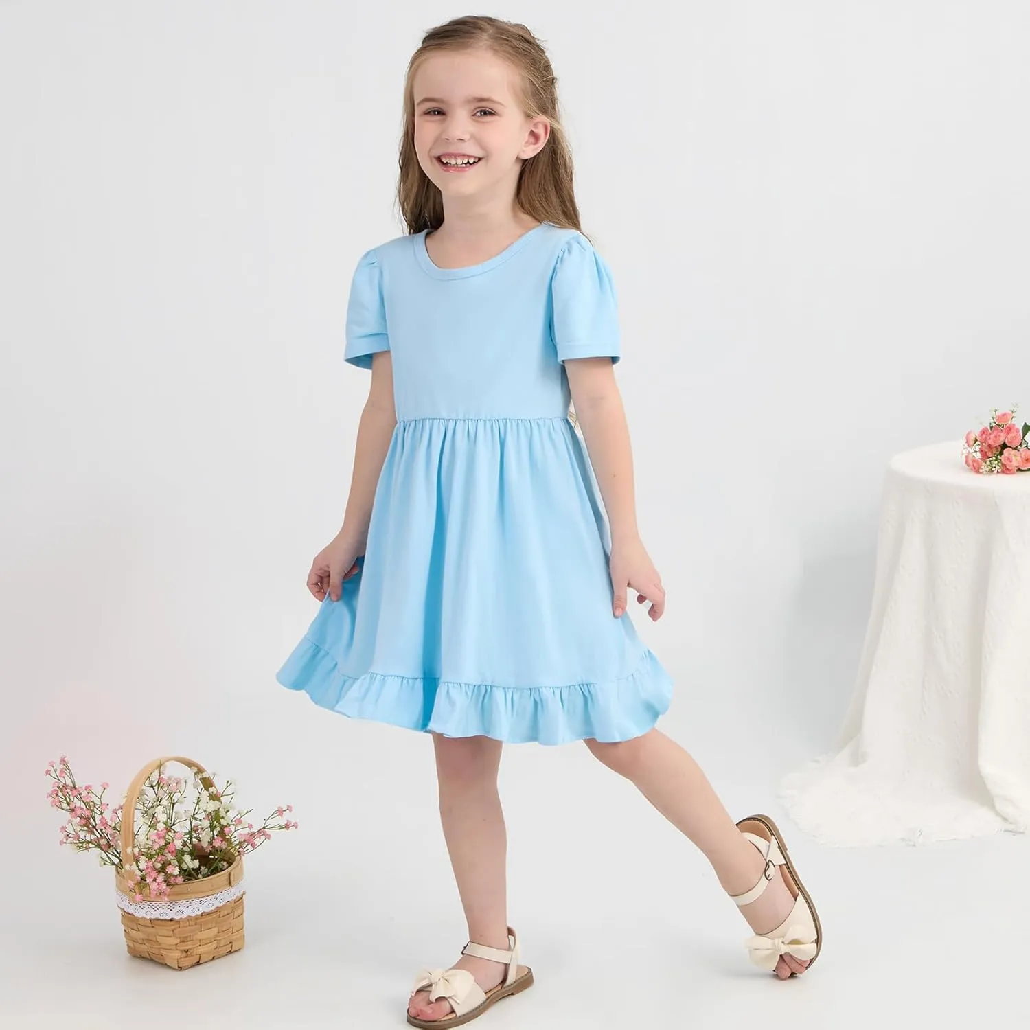 Little Girl Summer Dress Girls Puff Short Sleeve Ruffle Dress Solid Color A-Line Dresses 3-8 Years