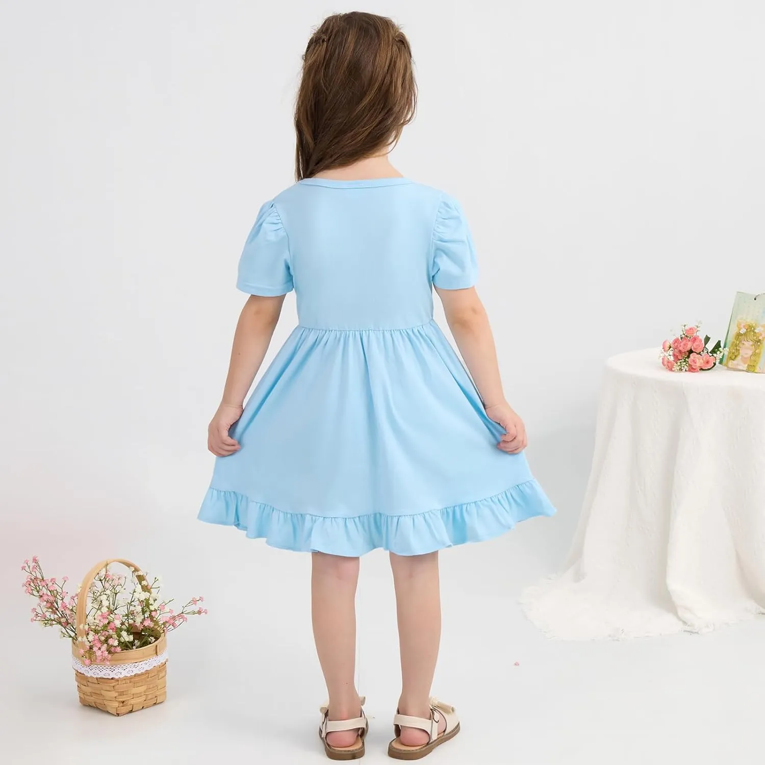 Little Girl Summer Dress Girls Puff Short Sleeve Ruffle Dress Solid Color A-Line Dresses 3-8 Years
