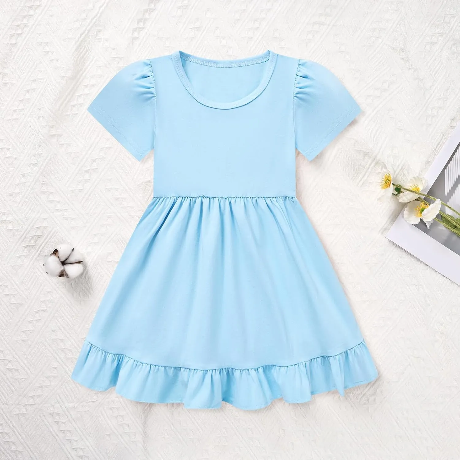 Little Girl Summer Dress Girls Puff Short Sleeve Ruffle Dress Solid Color A-Line Dresses 3-8 Years