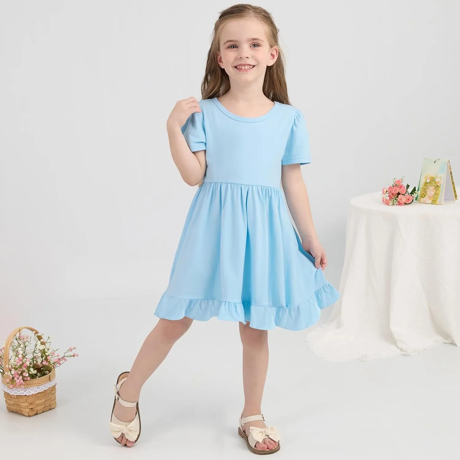 Little Girl Summer Dress Girls Puff Short Sleeve Ruffle Dress Solid Color A-Line Dresses 3-8 Years