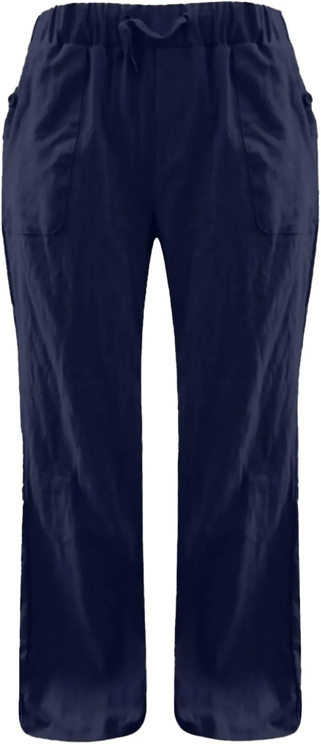 Low Rise Petite Linen Pants for Women Drawstring Elastic Waist Y2K Casual Flared Trouser Summer Loungewear Yoga Pants