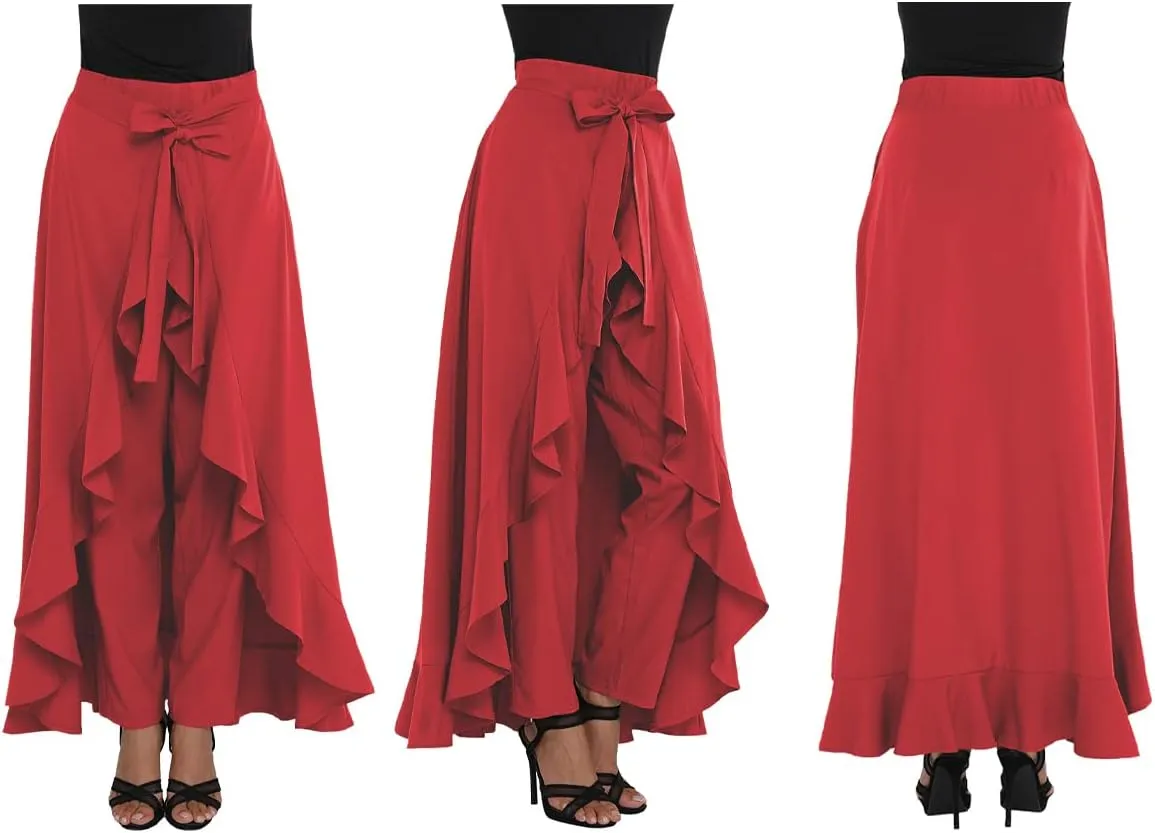 Lrady Women's Ruffle Pants High Waist Trousers Casual Beach Maxi Long Palazzo Overlay Pant Skirts