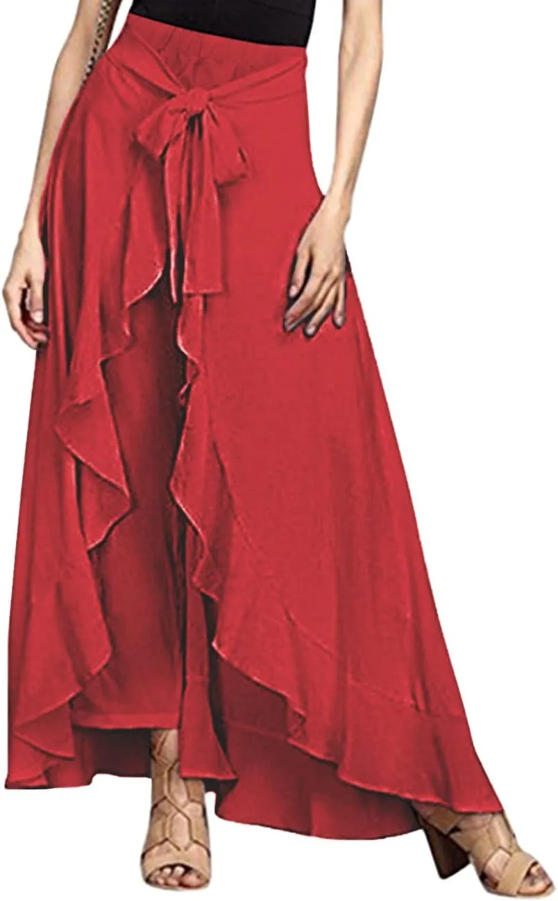 Lrady Women's Ruffle Pants High Waist Trousers Casual Beach Maxi Long Palazzo Overlay Pant Skirts