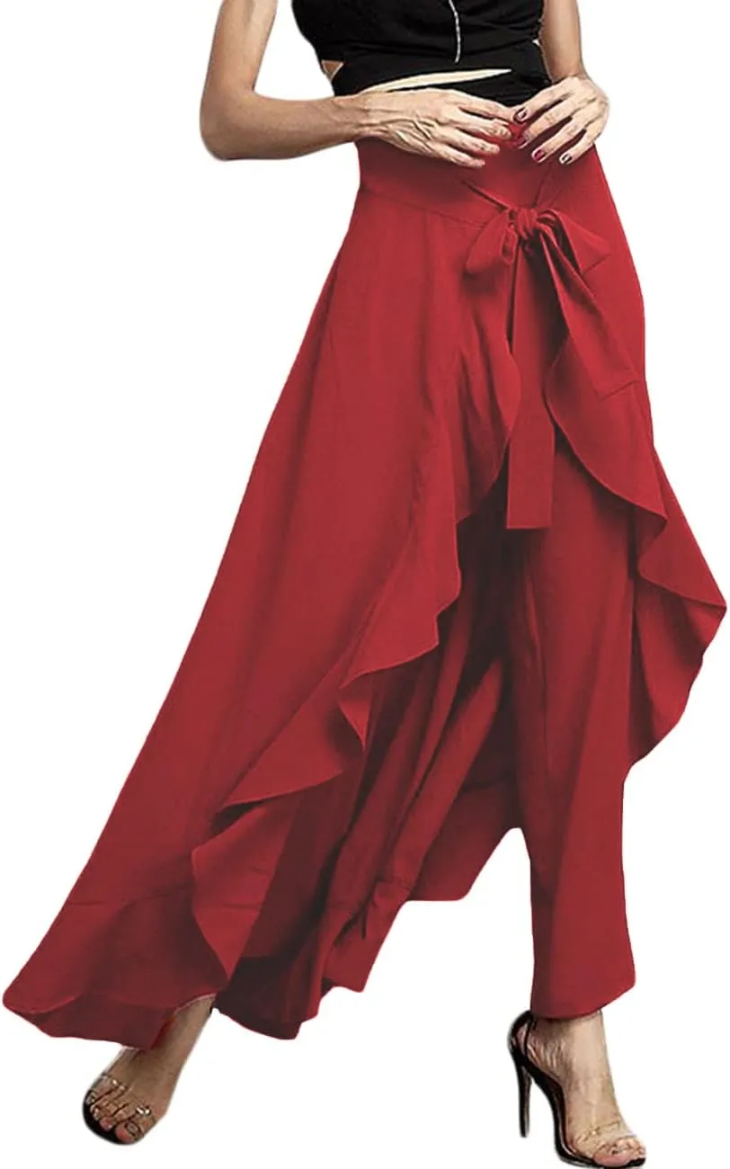 Lrady Women's Ruffle Pants High Waist Trousers Casual Beach Maxi Long Palazzo Overlay Pant Skirts