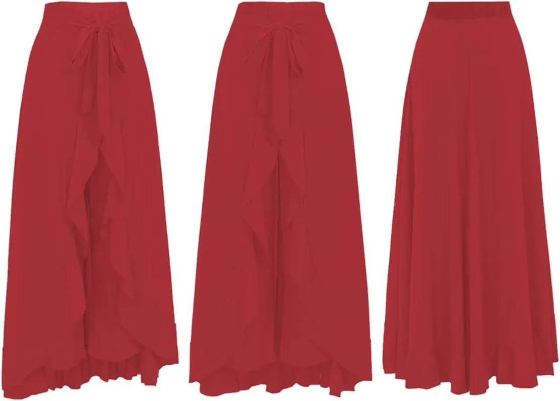 Lrady Women's Ruffle Pants High Waist Trousers Casual Beach Maxi Long Palazzo Overlay Pant Skirts