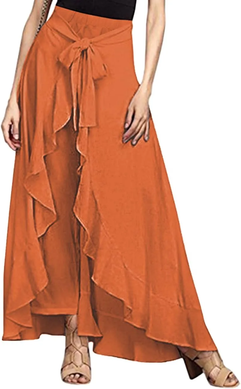Lrady Women's Ruffle Pants High Waist Trousers Casual Beach Maxi Long Palazzo Overlay Pant Skirts