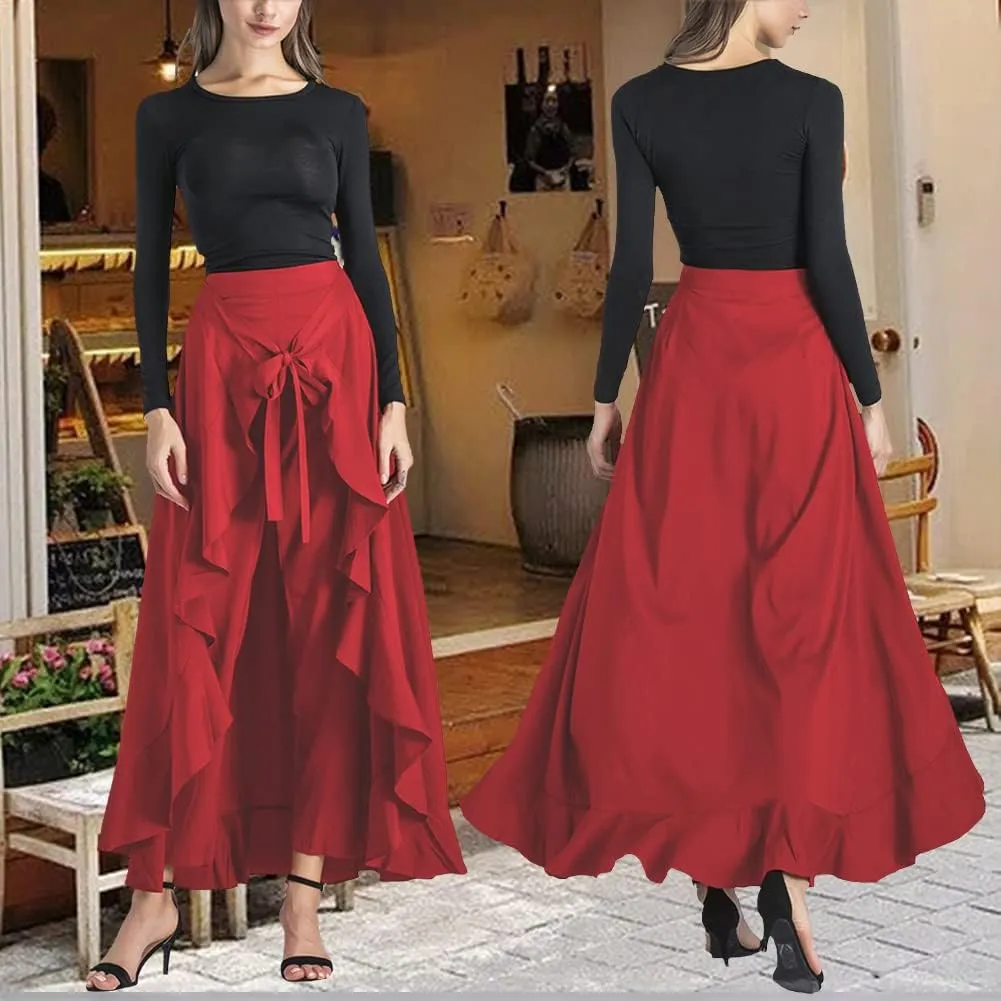 Lrady Women's Ruffle Pants High Waist Trousers Casual Beach Maxi Long Palazzo Overlay Pant Skirts