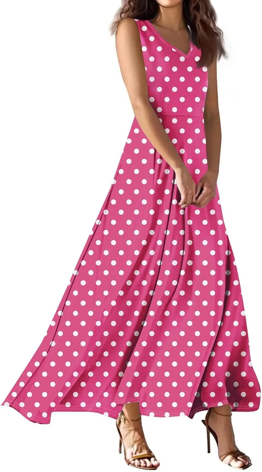 Maxi Floral Dresses for Women 2025 Vacation A Line Dresses Sleeveless V Neck Sundress Ruffle Flowy Swing Frocks
