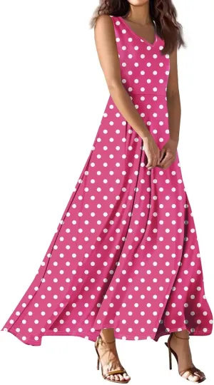 Maxi Floral Dresses for Women 2025 Vacation A Line Dresses Sleeveless V Neck Sundress Ruffle Flowy Swing Frocks