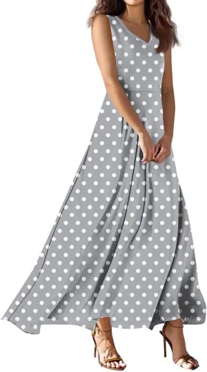 Maxi Floral Dresses for Women 2025 Vacation A Line Dresses Sleeveless V Neck Sundress Ruffle Flowy Swing Frocks