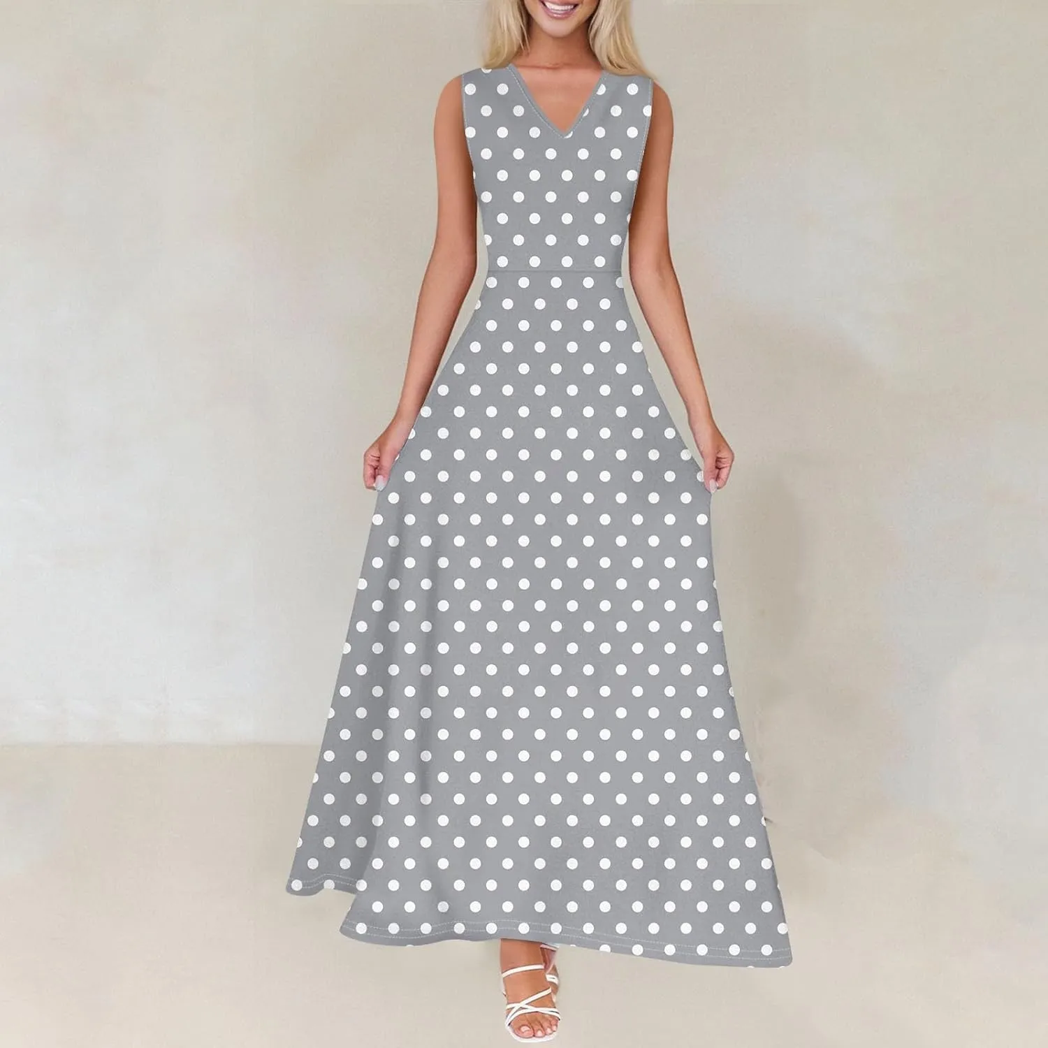 Maxi Floral Dresses for Women 2025 Vacation A Line Dresses Sleeveless V Neck Sundress Ruffle Flowy Swing Frocks