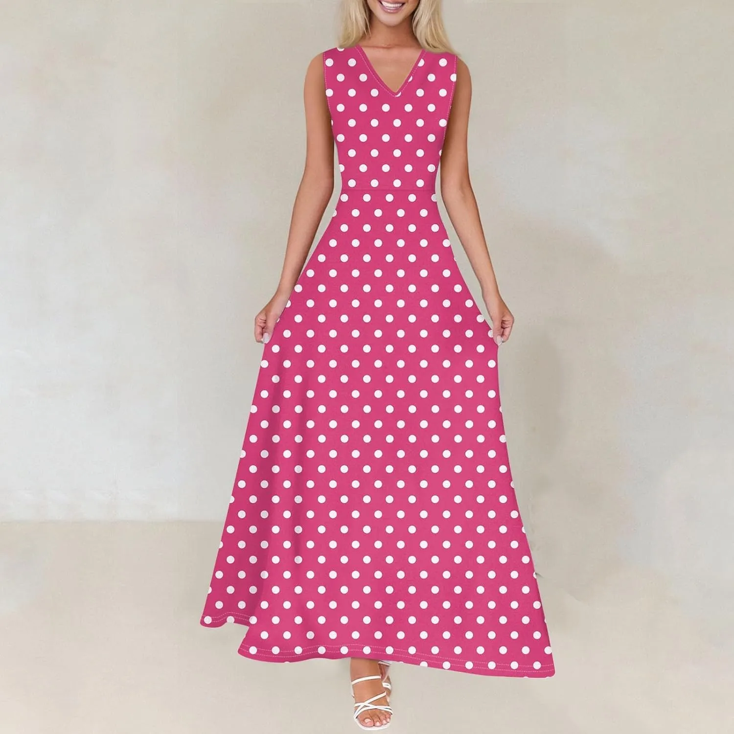 Maxi Floral Dresses for Women 2025 Vacation A Line Dresses Sleeveless V Neck Sundress Ruffle Flowy Swing Frocks