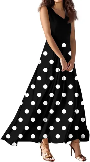 Maxi Floral Dresses for Women 2025 Vacation Sleeveless V Neck Sundress A Line Dresses Ruffle Flowy Swing Frocks