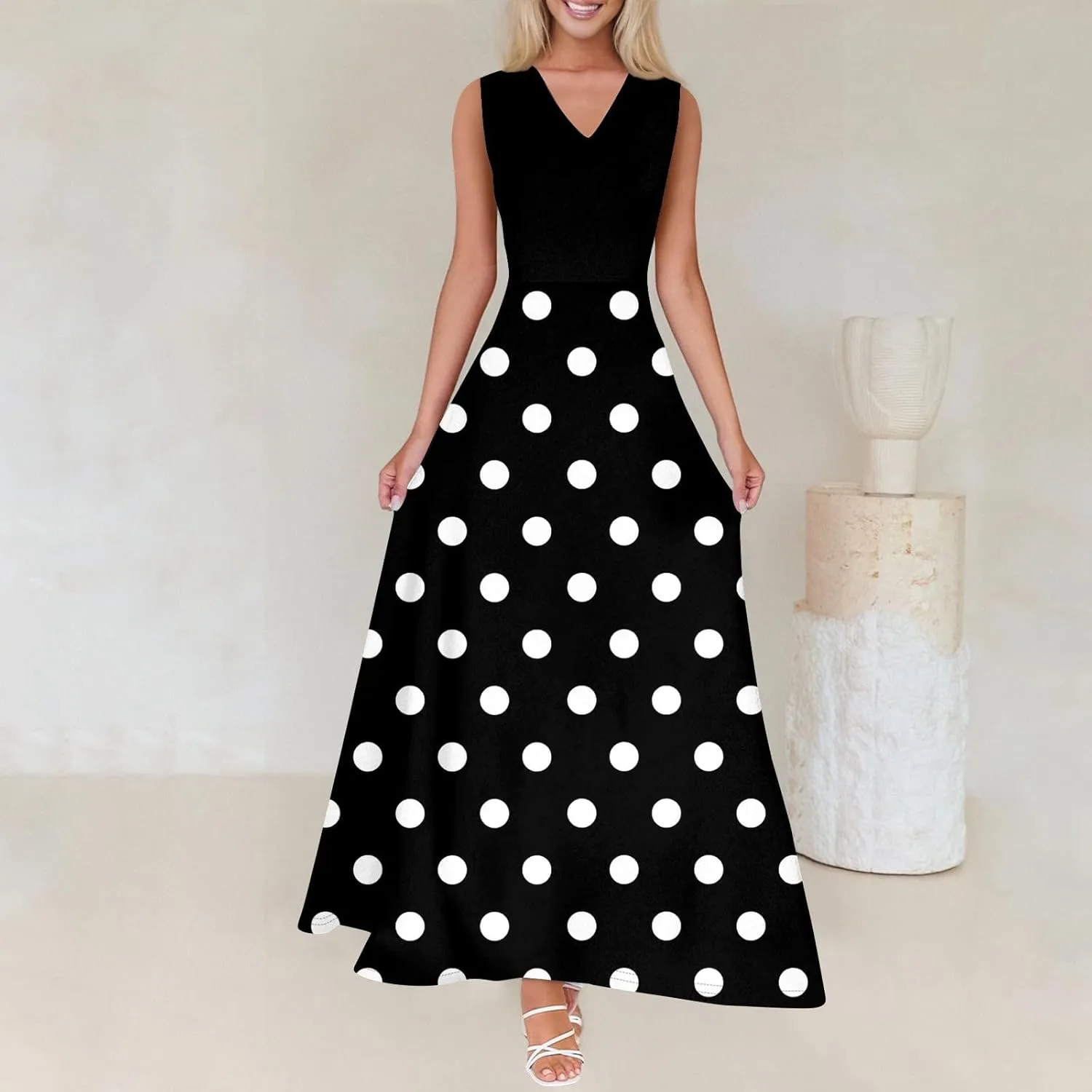 Maxi Floral Dresses for Women 2025 Vacation Sleeveless V Neck Sundress A Line Dresses Ruffle Flowy Swing Frocks