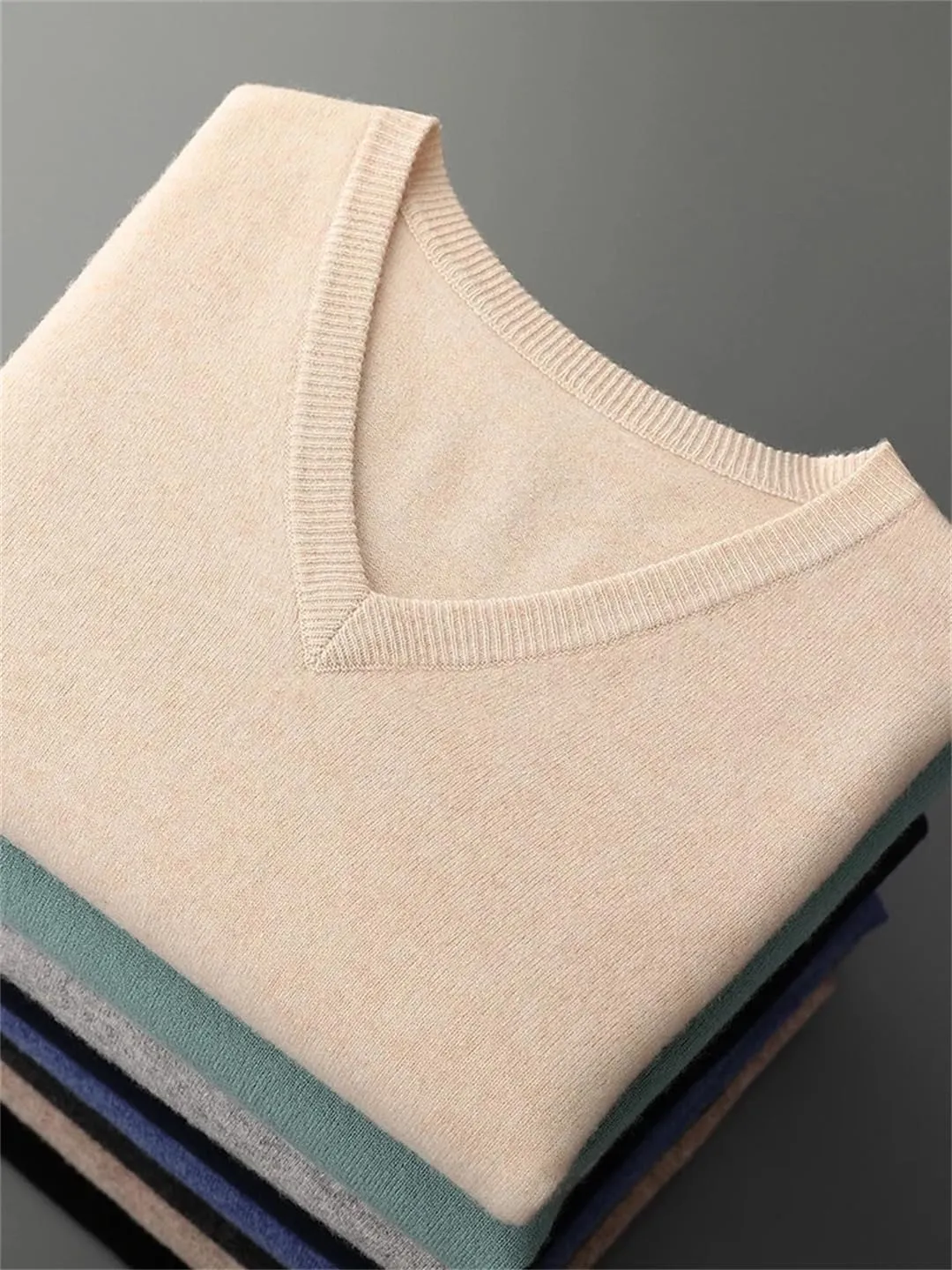 Men V-Neck Wool Sweater Long Sleeve Basic Pullover Wool Knitwear Casual Jumpers Tops
