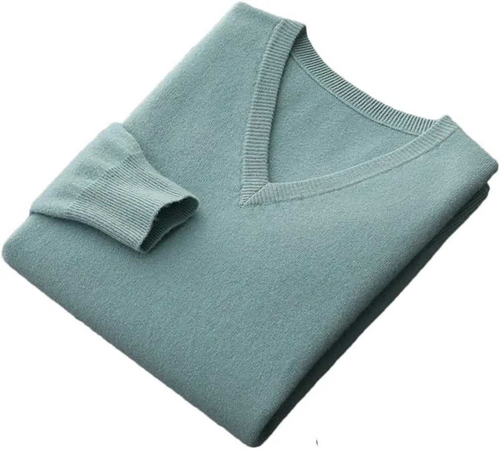 Men V-Neck Wool Sweater Long Sleeve Basic Pullover Wool Knitwear Casual Jumpers Tops
