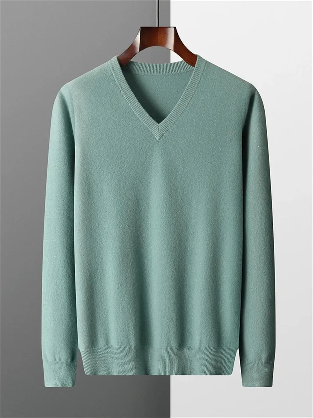 Men V-Neck Wool Sweater Long Sleeve Basic Pullover Wool Knitwear Casual Jumpers Tops