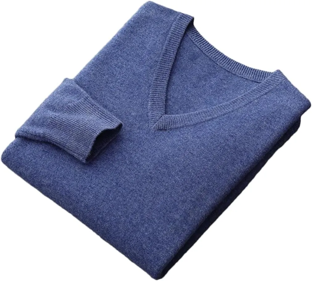 Men V-Neck Wool Sweater Long Sleeve Basic Pullover Wool Knitwear Casual Jumpers Tops