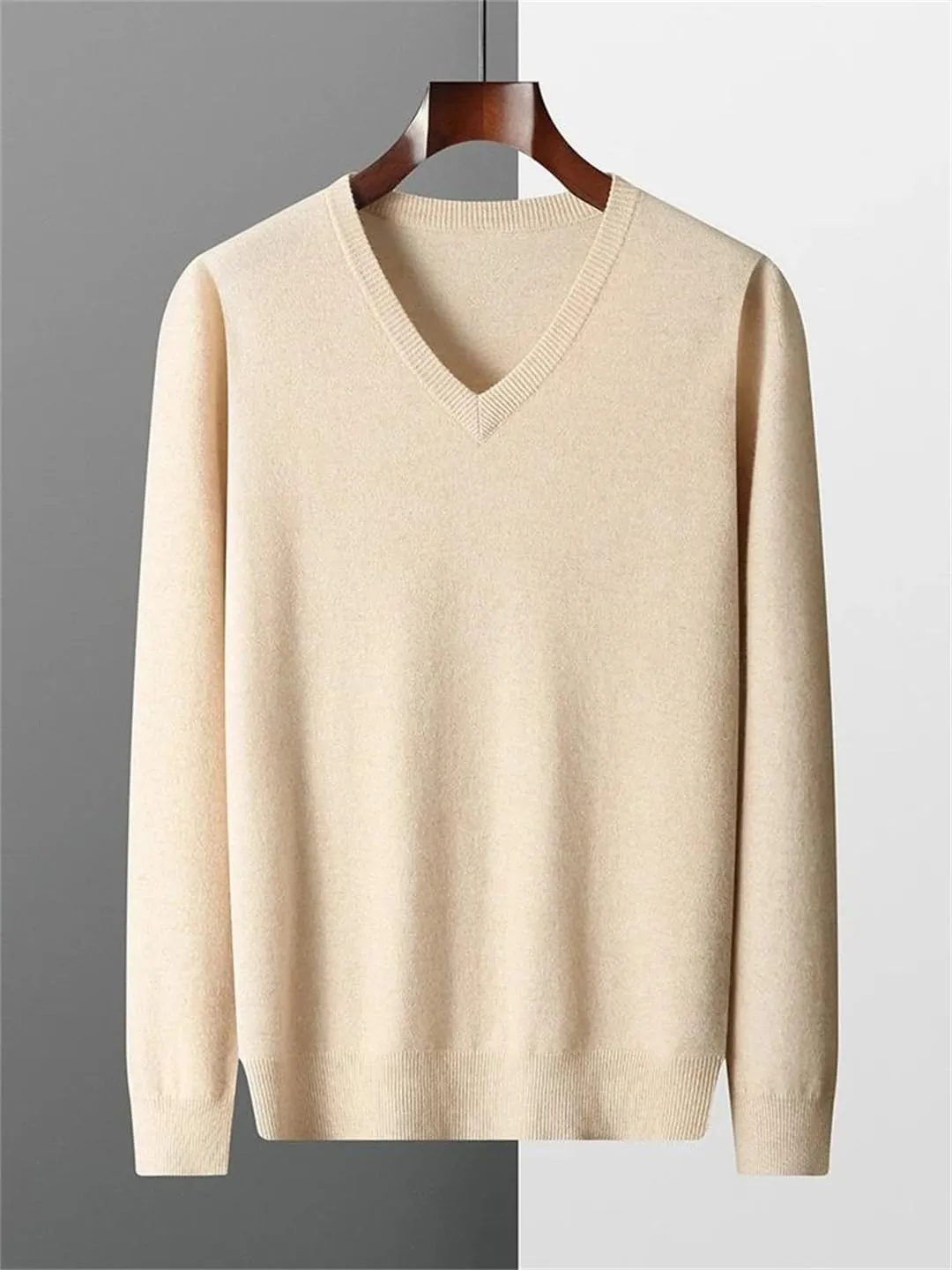 Men V-Neck Wool Sweater Long Sleeve Basic Pullover Wool Knitwear Casual Jumpers Tops