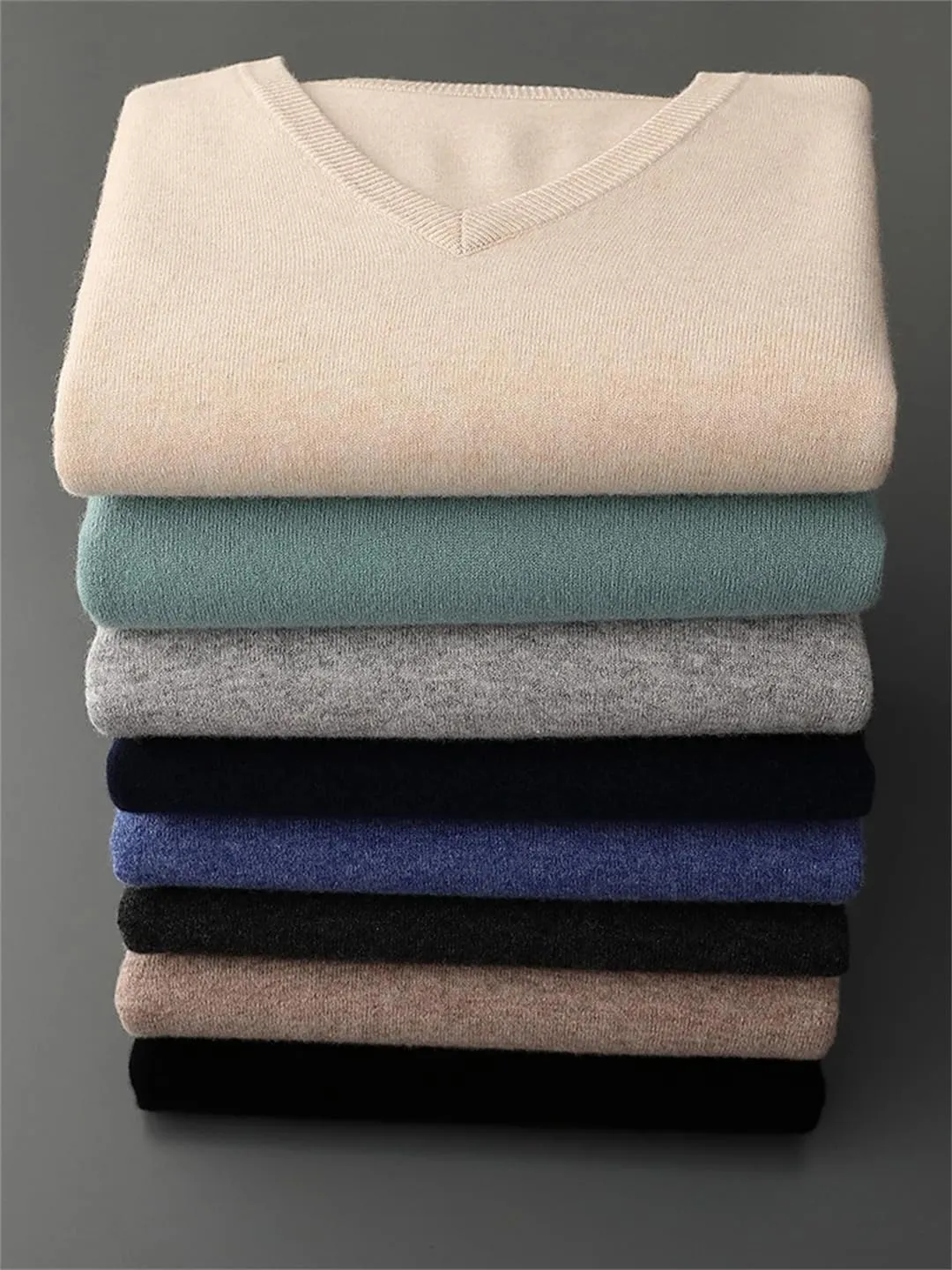 Men V-Neck Wool Sweater Long Sleeve Basic Pullover Wool Knitwear Casual Jumpers Tops