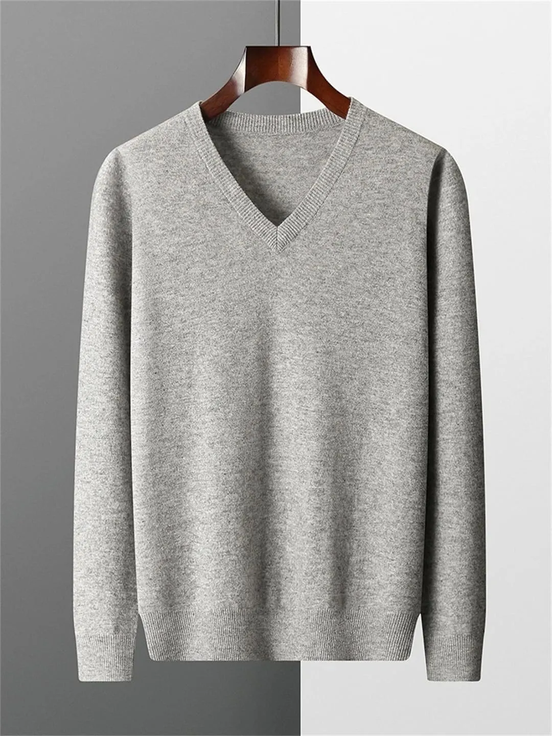 Men V-Neck Wool Sweater Long Sleeve Basic Pullover Wool Knitwear Casual Jumpers Tops