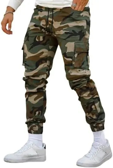 Men's Camouflage Utility Cargo Pants with Multi-Pockets, Drawstring Waist, and Street Style for Outdoor and Casual Wear