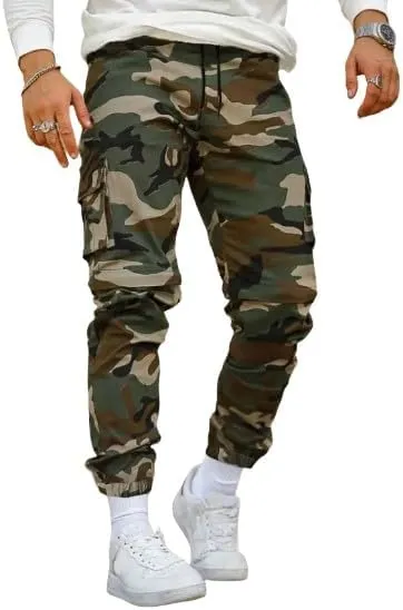 Men's Camouflage Utility Cargo Pants with Multi-Pockets, Drawstring Waist, and Street Style for Outdoor and Casual Wear