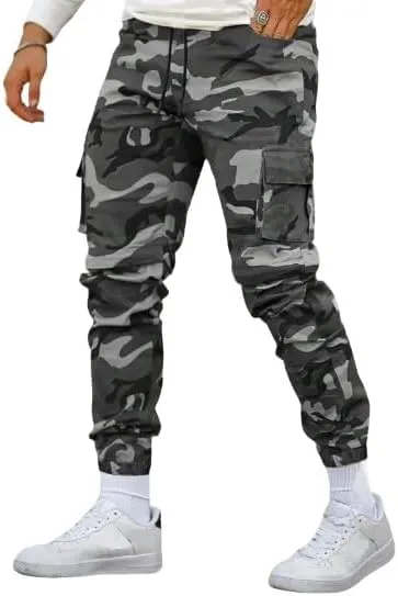 Men's Camouflage Utility Cargo Pants with Multi-Pockets, Drawstring Waist, and Street Style for Outdoor and Casual Wear