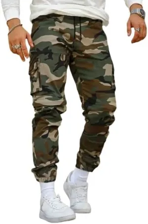 Men's Camouflage Utility Cargo Pants with Multi-Pockets, Drawstring Waist, and Street Style for Outdoor and Casual Wear
