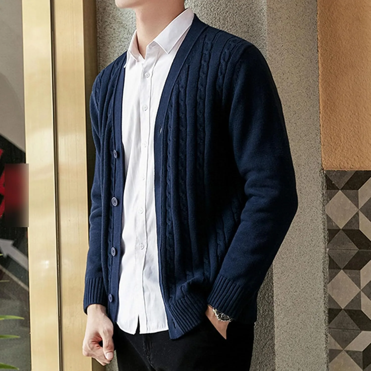 Men's Cardigan V Neck Casual Sweater Cable Cotton Button Down Sweater Loose Fit Open Front Sweaters