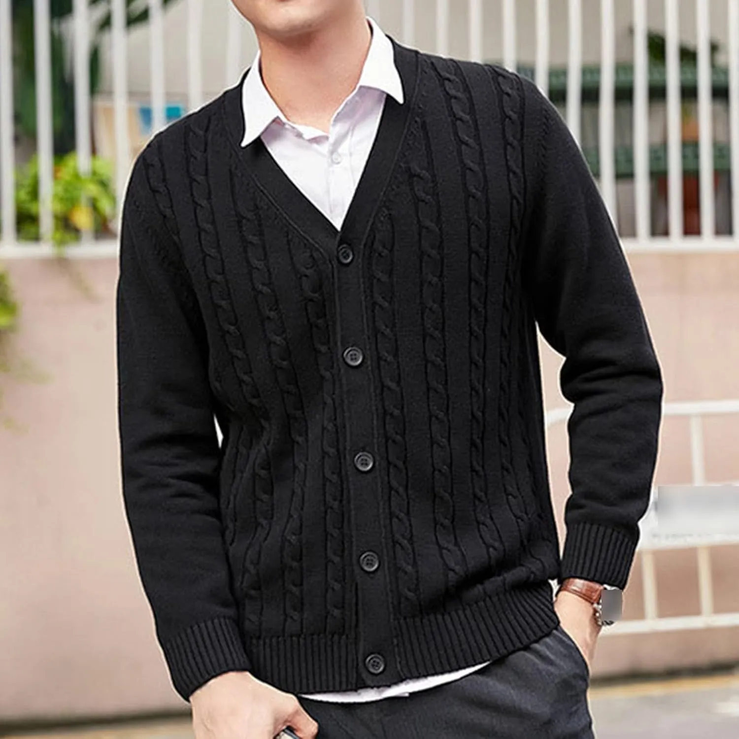 Men's Cardigan V Neck Casual Sweater Cable Cotton Button Down Sweater Loose Fit Open Front Sweaters