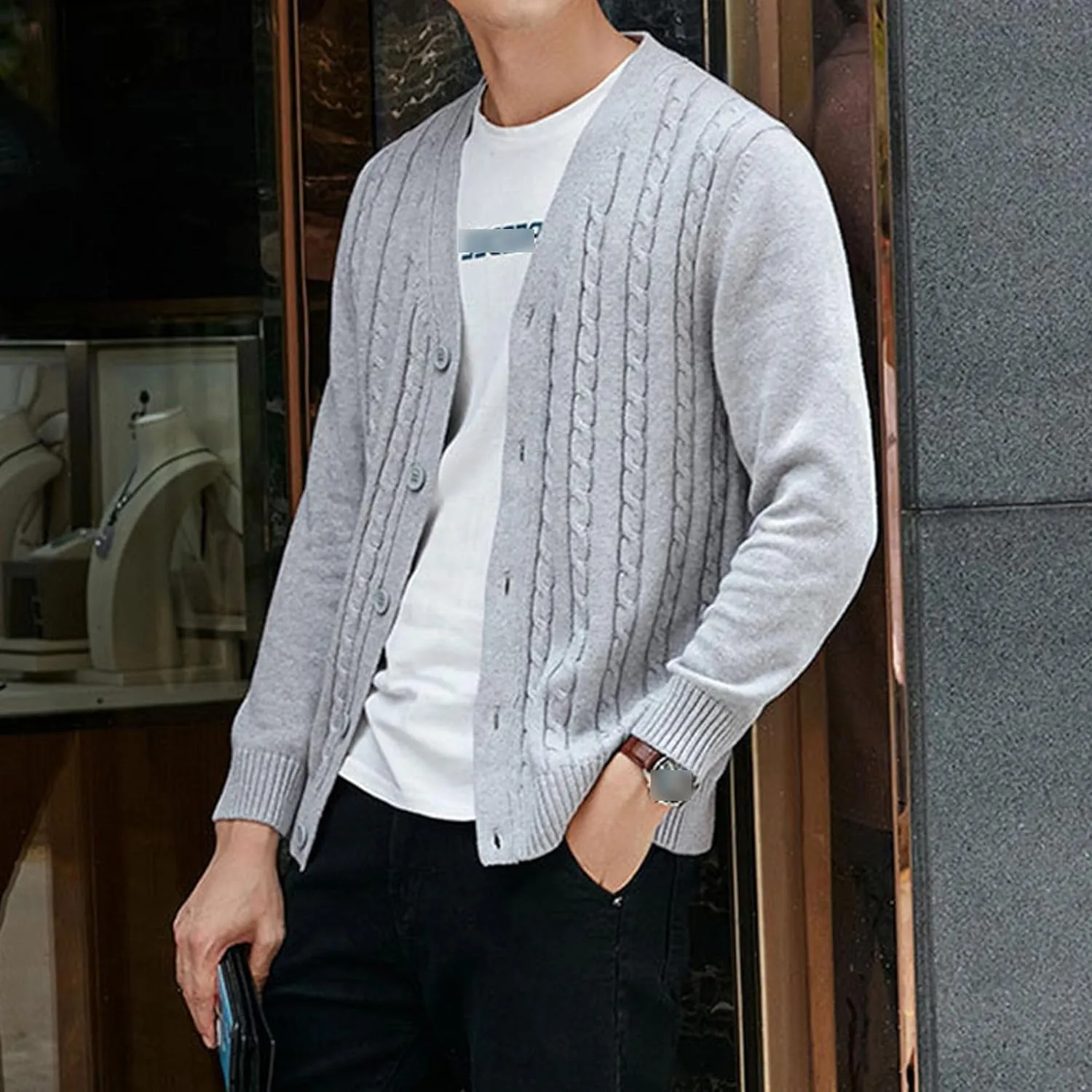 Men's Cardigan V Neck Casual Sweater Cable Cotton Button Down Sweater Loose Fit Open Front Sweaters