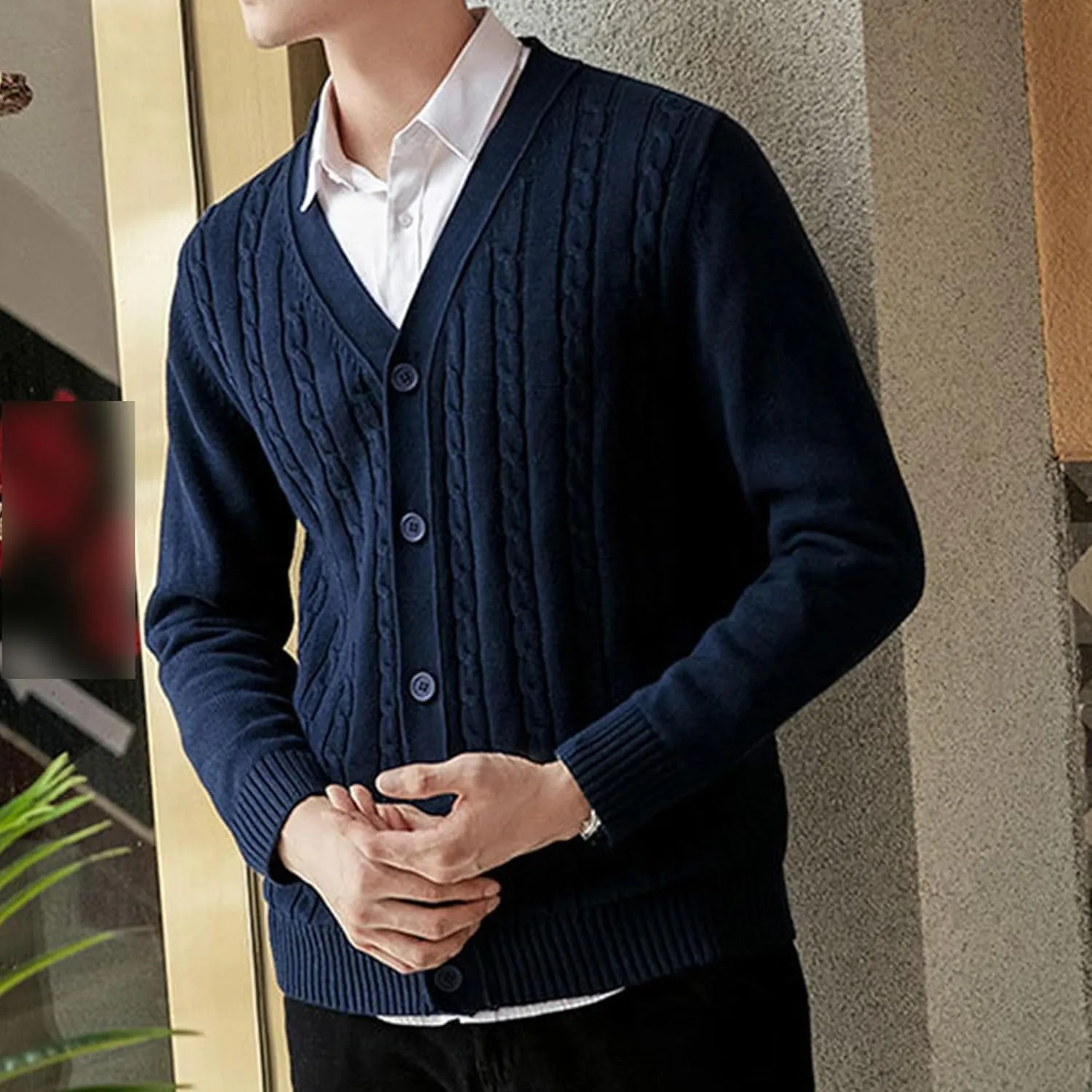 Men's Cardigan V Neck Casual Sweater Cable Cotton Button Down Sweater Loose Fit Open Front Sweaters