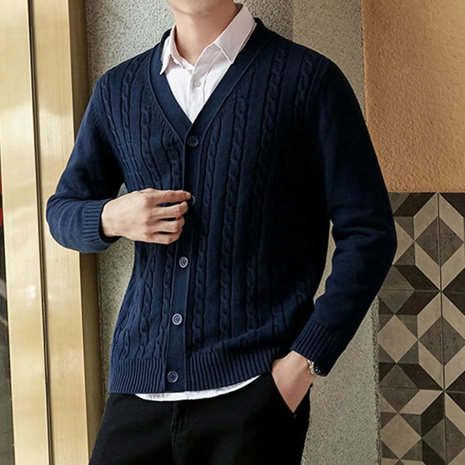 Men's Cardigan V Neck Casual Sweater Cable Cotton Button Down Sweater Loose Fit Open Front Sweaters