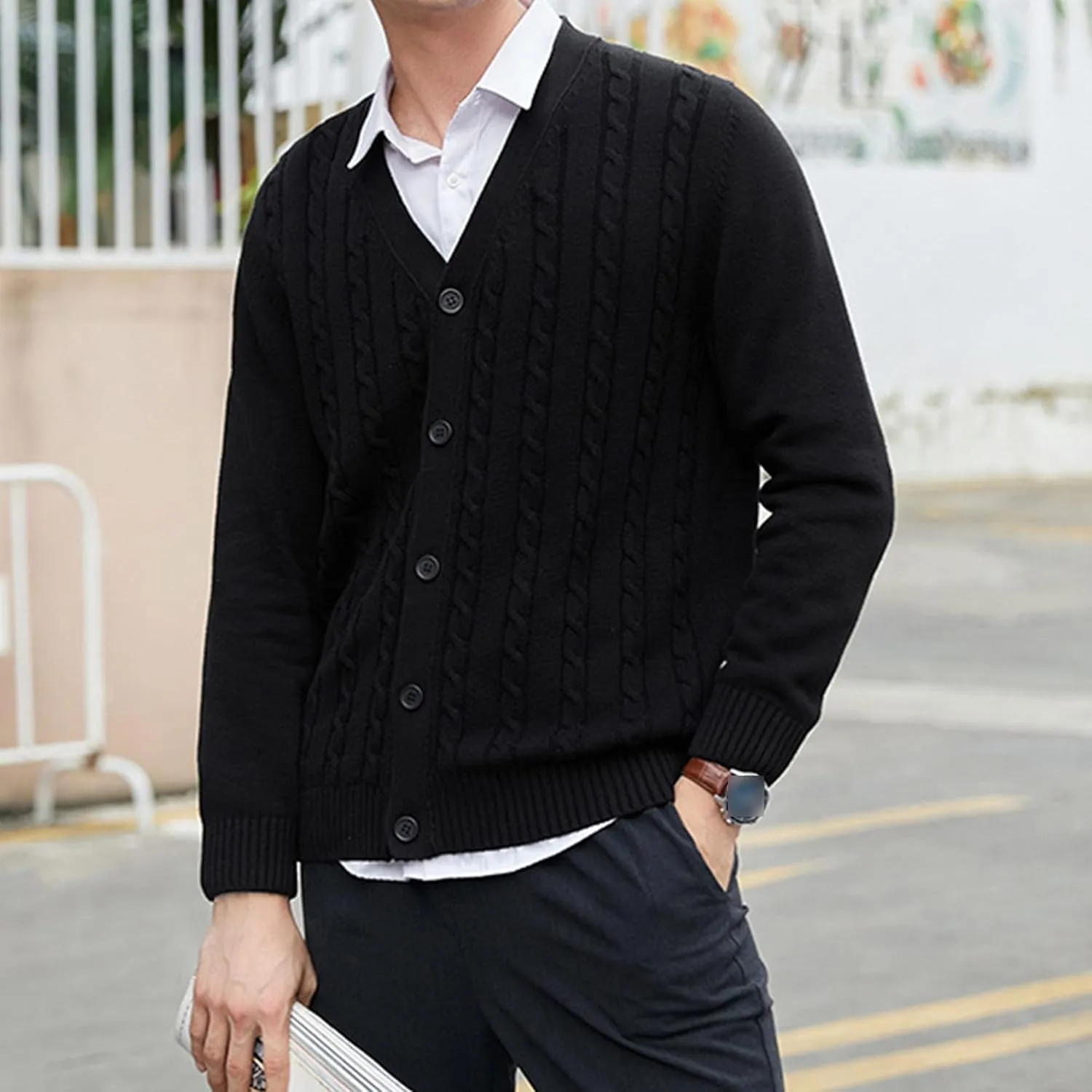 Men's Cardigan V Neck Casual Sweater Cable Cotton Button Down Sweater Loose Fit Open Front Sweaters