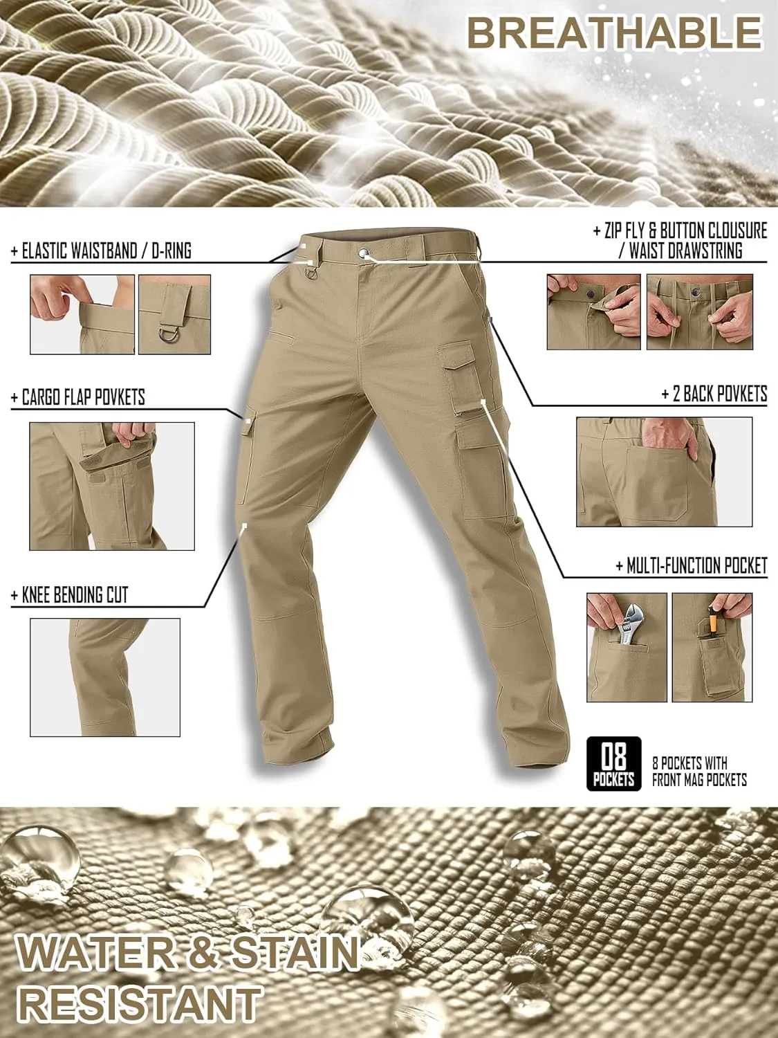 Men's Cargo Work Pants Water Resistant Tactical Pants 29.1" Lightweight Hiking Ripstop Pants Outdoor Apparel