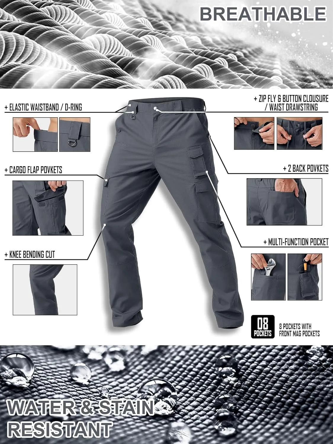 Men's Cargo Work Pants Water Resistant Tactical Pants 29.1" Lightweight Hiking Ripstop Pants Outdoor Apparel